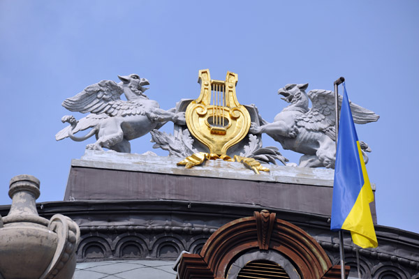 Griffons on the National Opera of Ukraine, perhaps hiding a hammer and sickle?