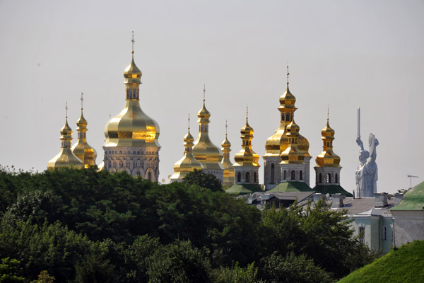 Golden towers of Kyiv Pechersk Lavra with the Motherland Monument