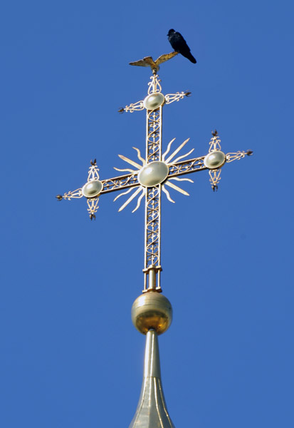 Bird roosting on the cross of Uspensky Cathedral, Lavra Monastery