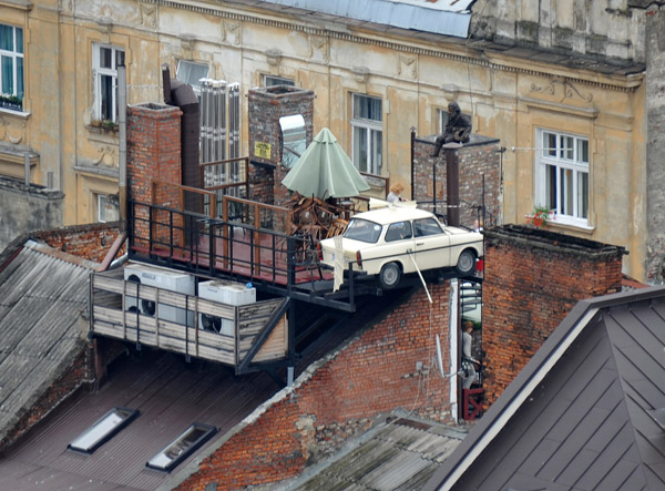 East German Trabant at the roof bar of House Of Legends, Staroievreiska St 48, Lviv