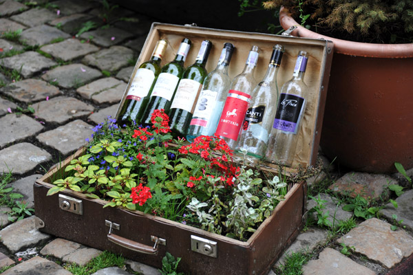 Briefcase with flowers and empty wine bottles, Katedralna Square, Lviv
