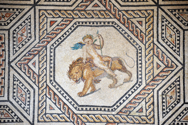 Eros, god of love, riding a lion