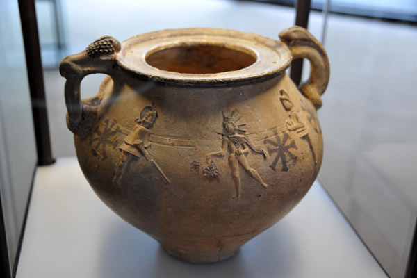 Cult vessel with relief of Mithras and his companions, Cautes and Cautopates, 2nd-3rd C. AD