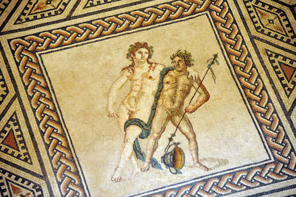 The god Dionysos supported by a satyr - the central panel of the mosaic