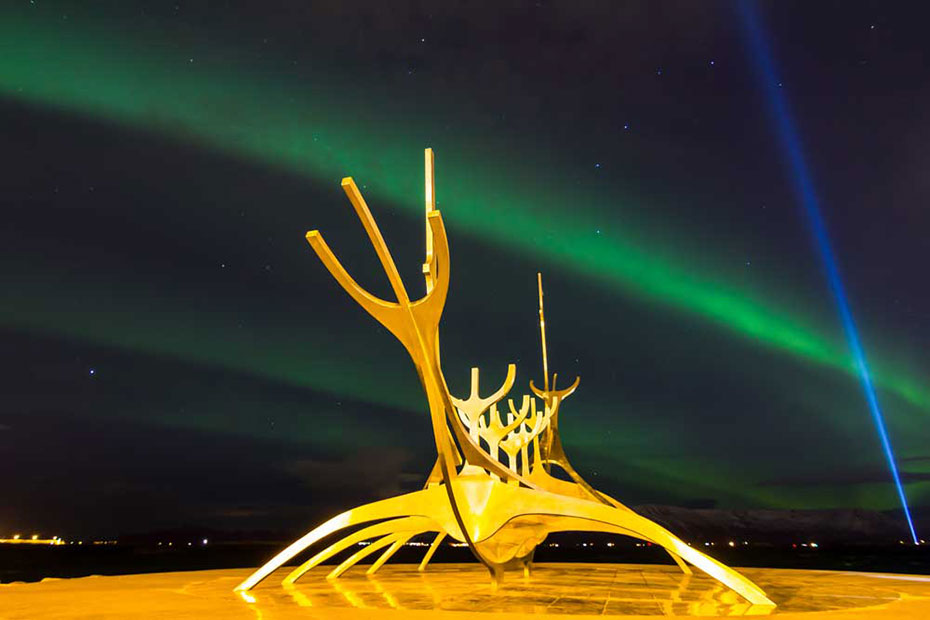 IMG_5300-Edit.jpg Aurora Borealis over the Sun Voyager (Icelandic: Slfar) sculpture - Reykjavik -  A Santillo 2014