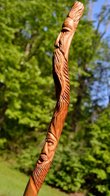 Wood spirit hiking stick- faces 1+2