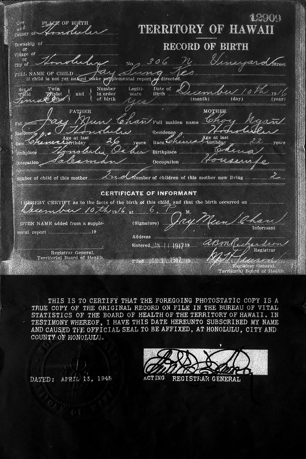 Lily S. K. Jays Birth Certificate