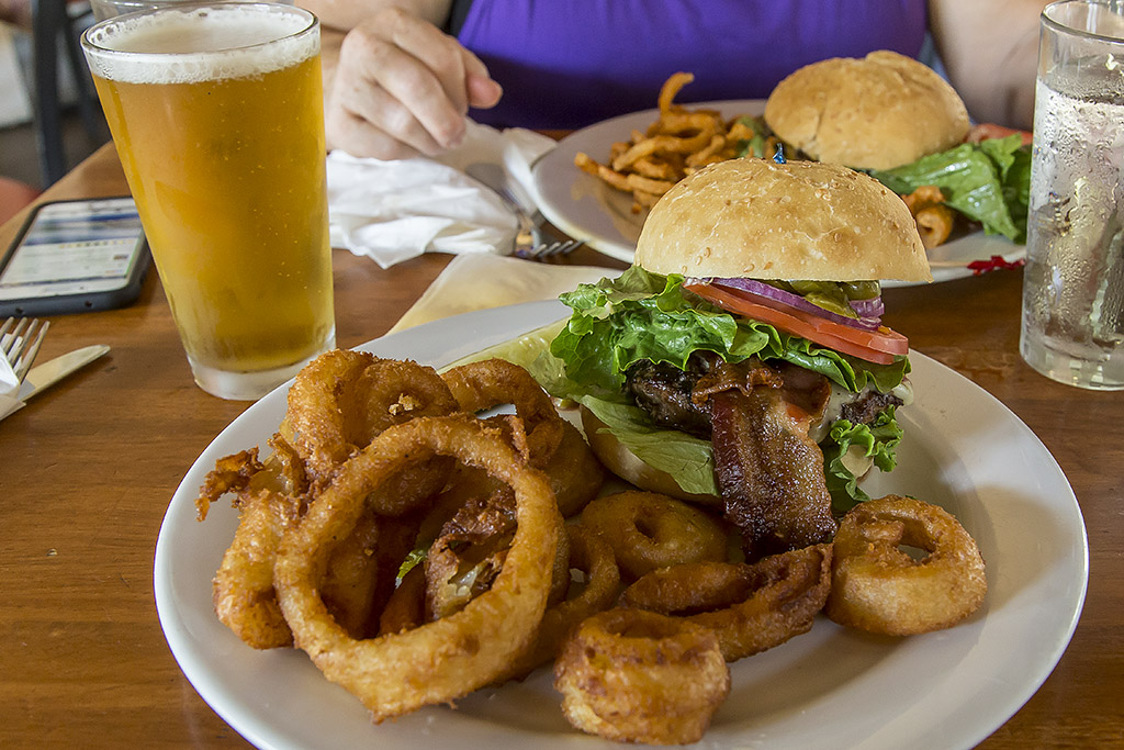 8/19/2017  Bacon and Jalapeno Cheeseburger with Beer battered onion rings and a Dog Year IPA