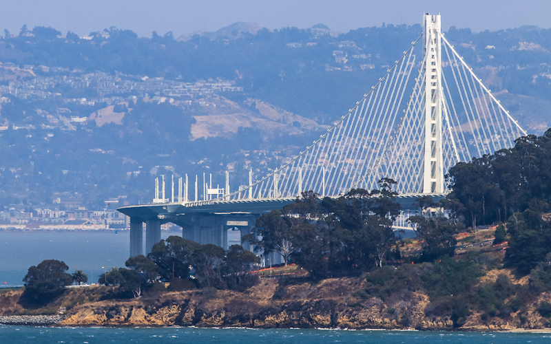 Eastern span of the San Francisco Oakland Bay Bridge from Coit Tower in San Francisco