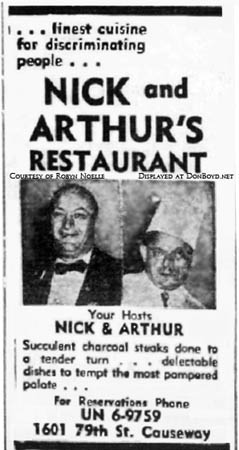 1958 - ad for Nick and Arthurs Restaurant on the 79th Street Causeway from an ad in The Jewish Floridian