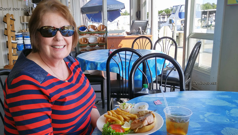 September 2016 - Karen about to dine on a great dinner at the Kentmorr Restaurant and Crabhouse on Kent Island, Maryland