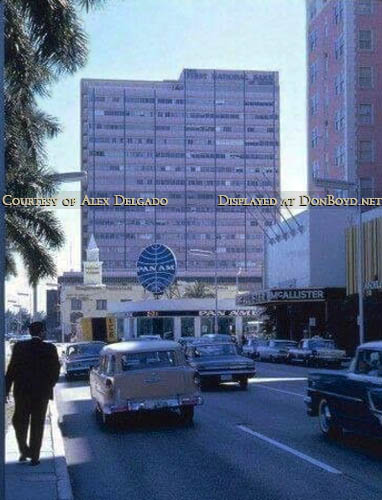 1961 - looking south on Biscayne Boulevard with the McAllister Hotel, Pan Am city ticket office and 1st National Bank of Miami