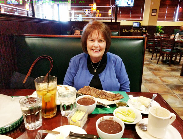 May 2017 - Karen and I about to dine on Churrasco steak with chimichurri sauce, rice and beans and plantains at Molinas Ranch