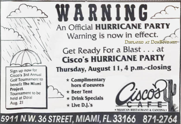 1990s - ad for Ciscos Cafe on NW 36th Street in Virginia Gardens