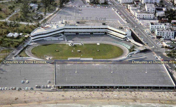 Early 1970s - aerial view of Miami Beach Kennel Club and the parking garage that beach goers used to park