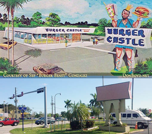 2016 - the legs and support foundation for a former Burger Castle still being used in front of a building