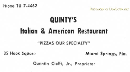 1956 - advertisement in the Hialeah High Record for Quintys Italian & American Restaurant in Miami Springs