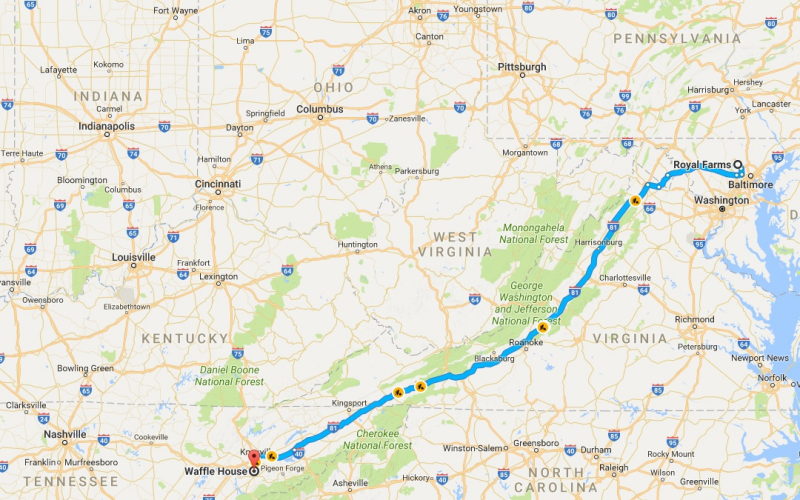 537-mile drive from Royal Farms gas station in Owings Mills, MD, to Waffle House parking lot in Alcoa, TN. Map courtesy Google.