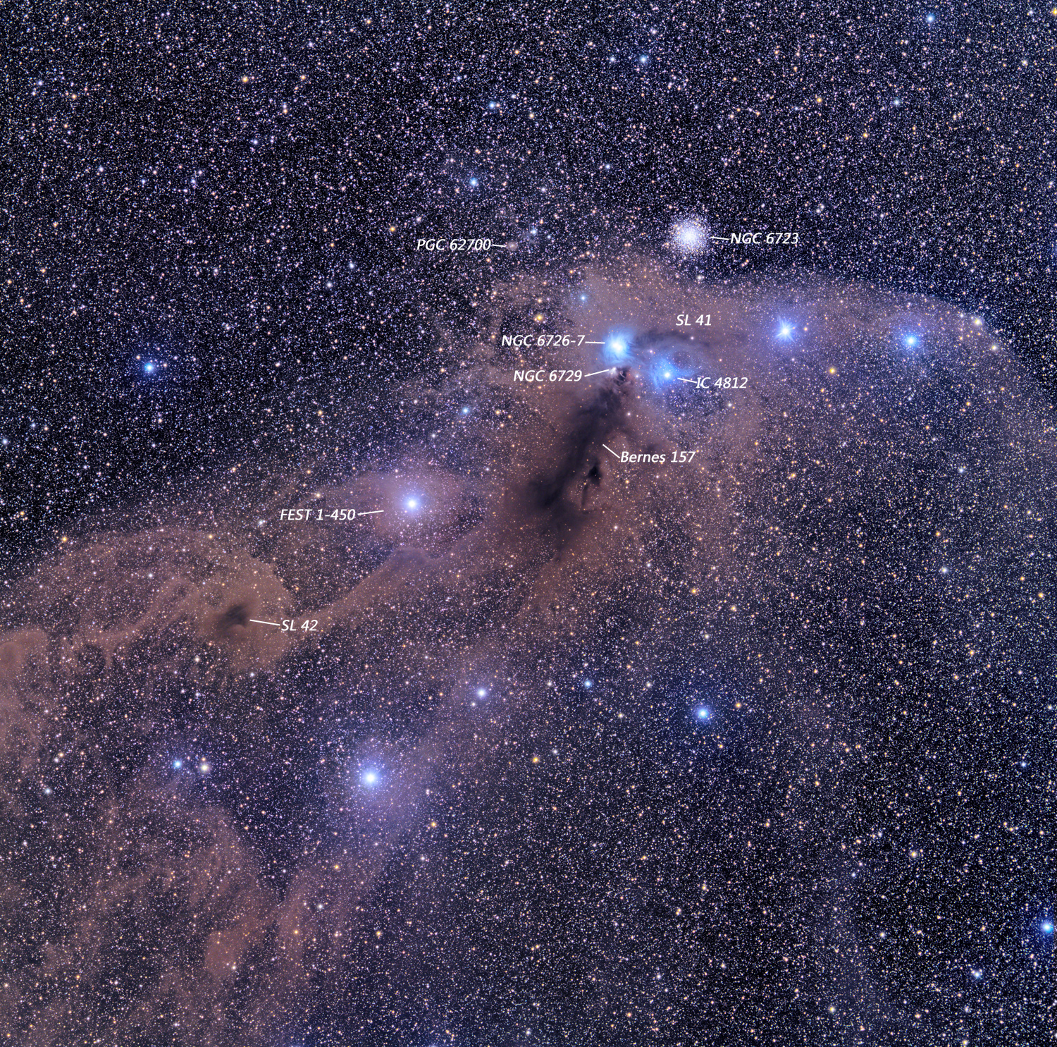 Various objects in the Carona Australis Molecular Cloud