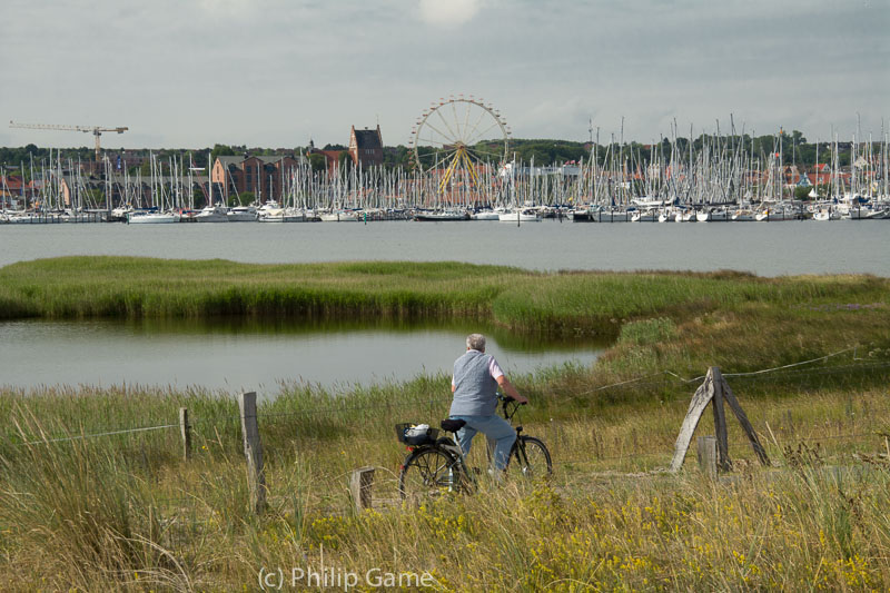 A cyclist pauses to look out across the Graswarder nature reserve