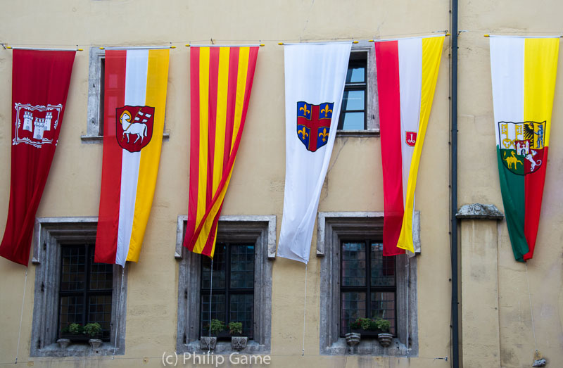 Heraldic banners at the Alte Rathaus (Old Town Hall)