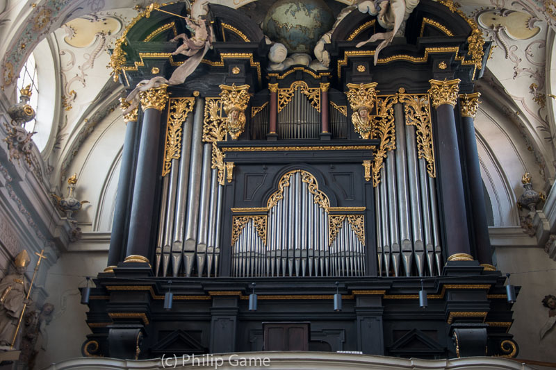 A massive pipe organ at the St Emmeram Basilica