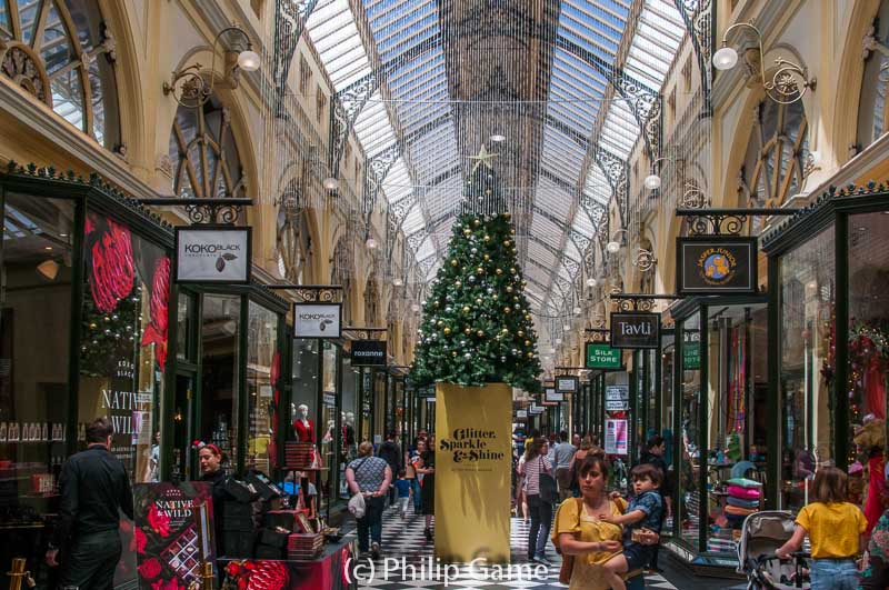 Busy foot traffic in a city arcade