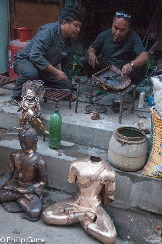 Bronze smiths' foundry in a corner of Patan