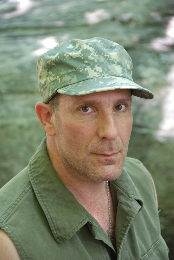 Looking tough in combat fatigues.