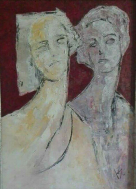 two figures on red background