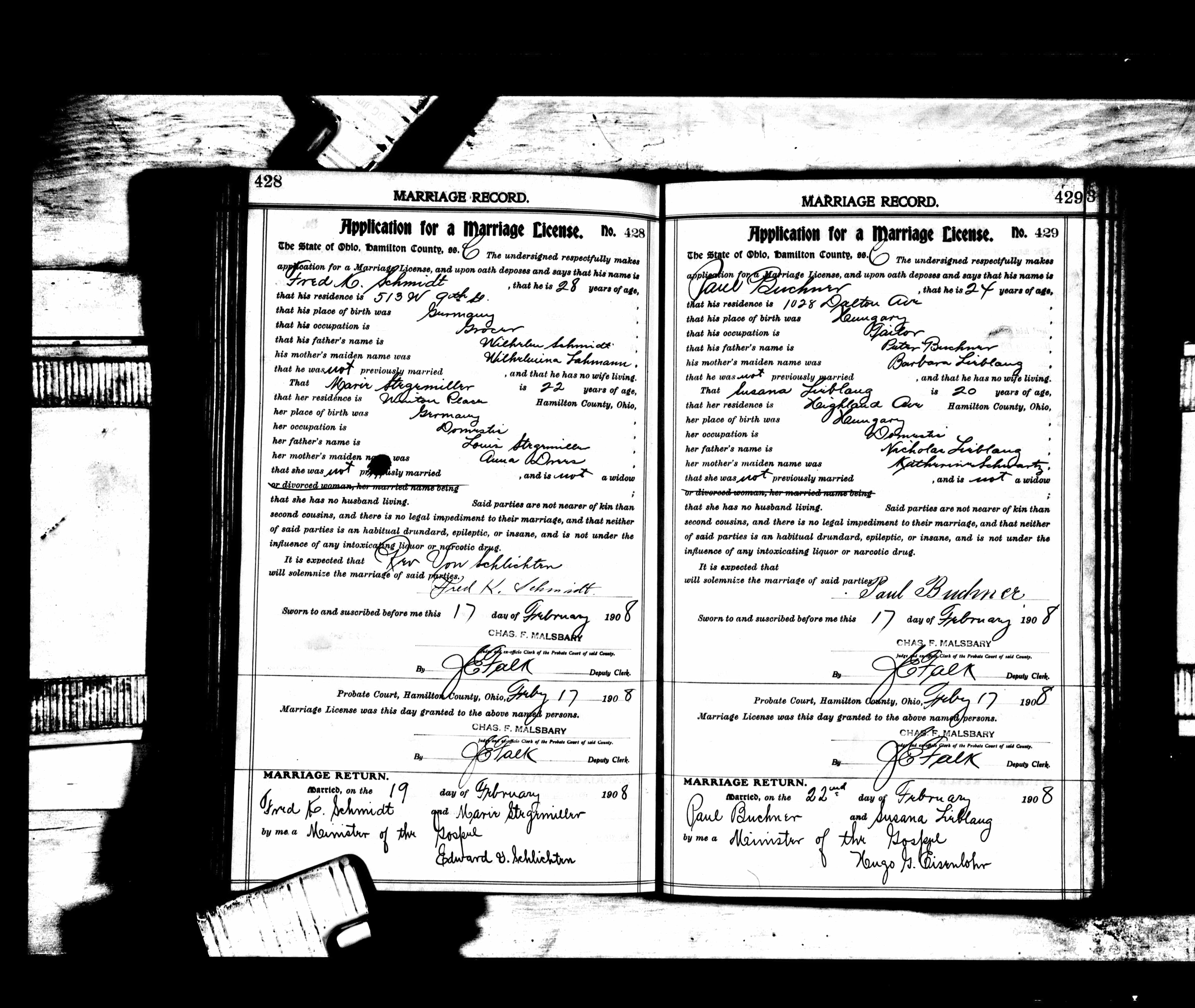 Paul Buckner<br>Susanna Leiblog<br>certificate of marriage 1908