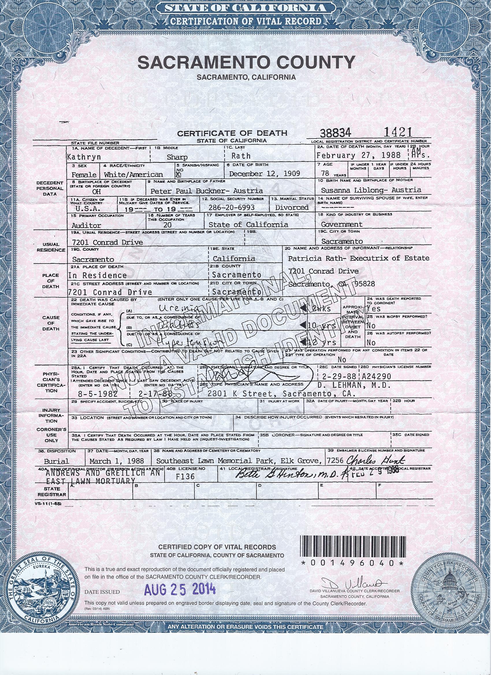 Kathryn Sharp Rath<br>certificate of death