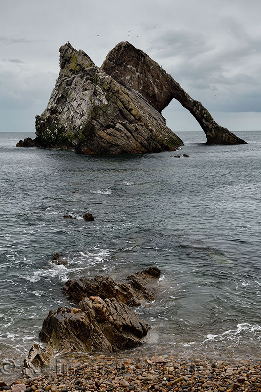 Bow Fiddle Rock quartzite sea arch from pebble beach at Portknockie on the North Sea Atlantic ocean Scotland UK