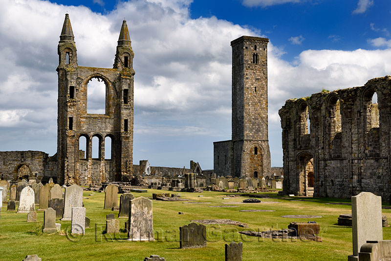 14th Century stone ruins of east tower and south wall of St Andrews Cathedral with 12th Century St Rules Tower St Andrews Fife S