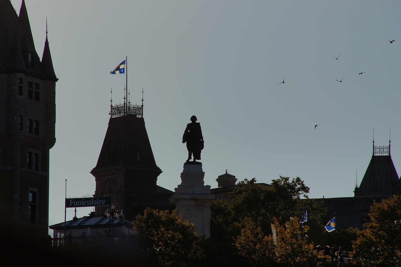Upper town Quebec roofs and Champlain statue