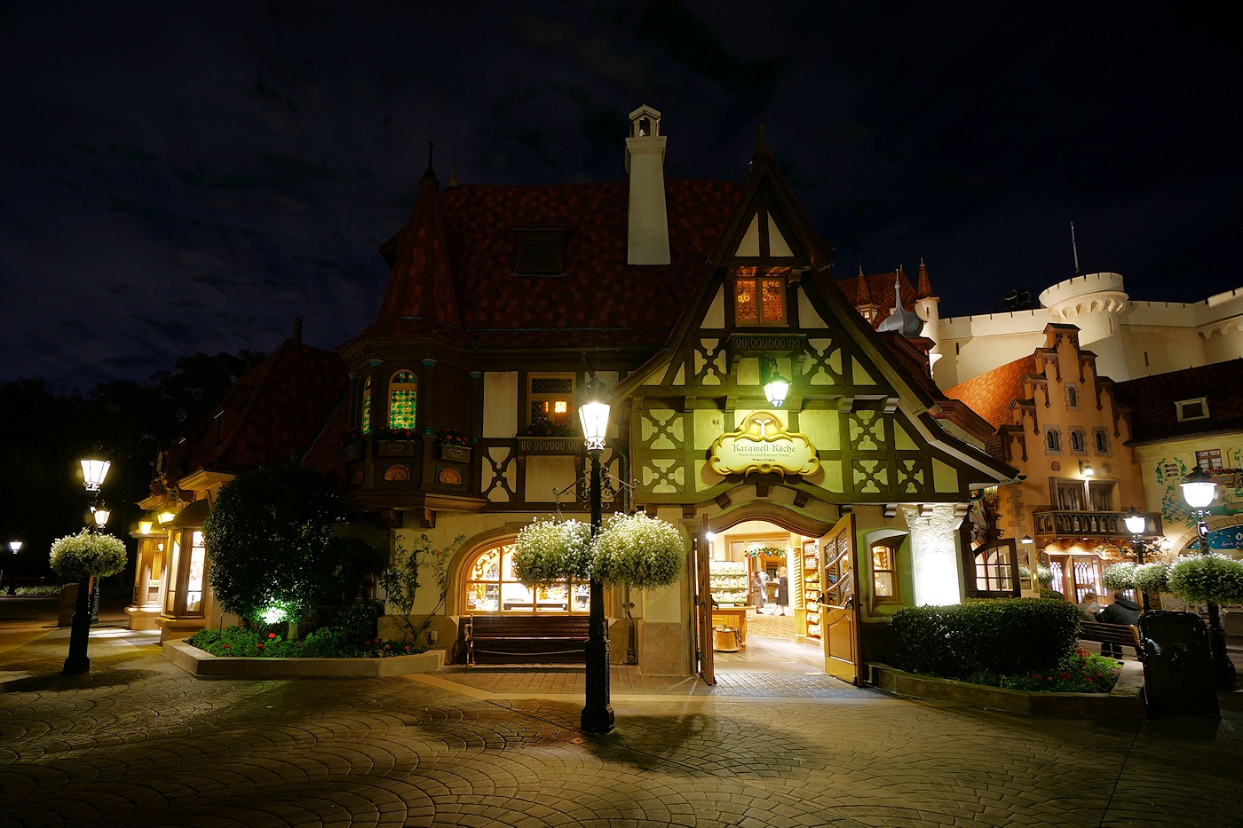 German candy shop at night
