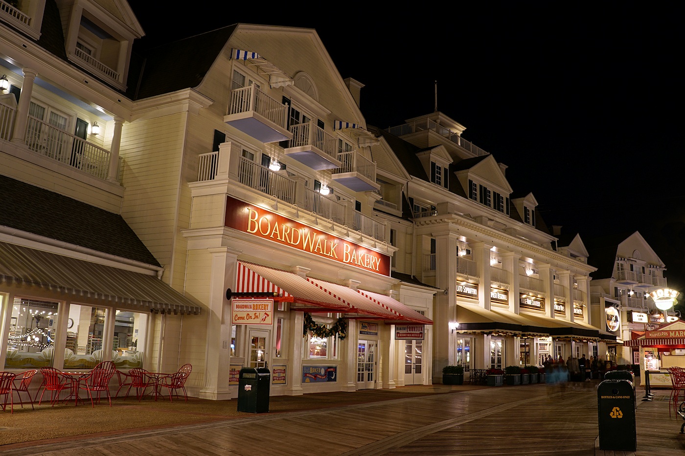 Storefronts on the Boardwalk, night