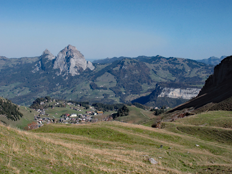 Hiking up to Huserstock mountain - looking down to the village of Stoos