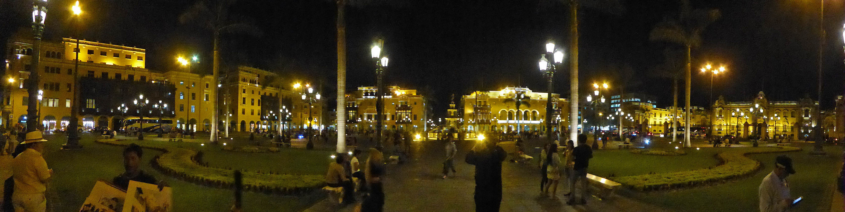 Panorama of Plaza Major at Night in Lima, Peru