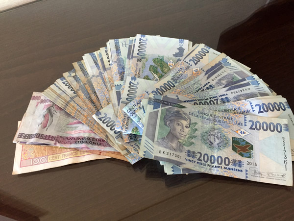 The largest Guinean franc note, 20000, is only worth 2 euros