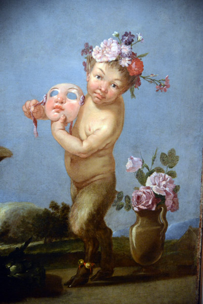 Faunetto con maschera, natura morta e due vasi di fiori, Giulio Carpioni (1613-1679)
