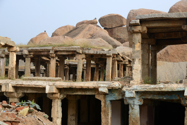 The ruins of the ancient Hampi Bazaar is just south of the modern settlement