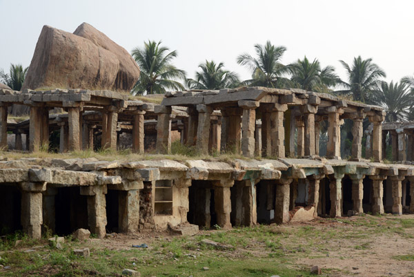 The ruins of Hampi Bazar form a long avenue connecting the Virupaksha Temple with Mathanga Hill