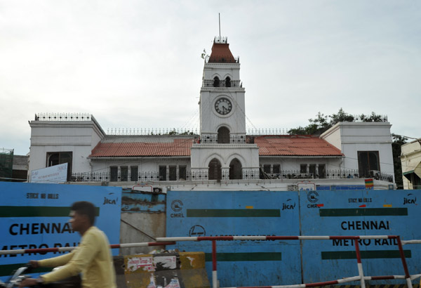 Chennai Metro construction in front of an old Colonial-Era building, Anna Salai, Chennai
