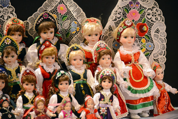 Dolls in traditional dress and Hungarian lace, Central Market Hall, Budapest
