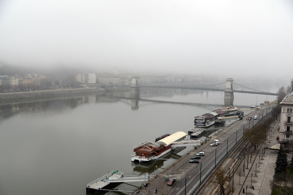 Few of the Danube with the Chain Bridge on a winter morning with low clouds, Budapest Marriott
