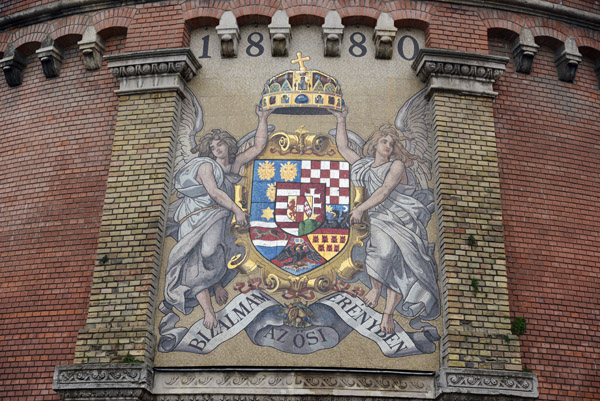1880 mosaic with the Hungarian coat-of-arms on the wall at the base of Buda Castle