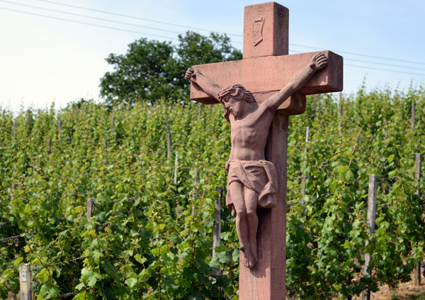 Red sandstone crucifix, 1763, among the vineyards, Oestrich-Winkel