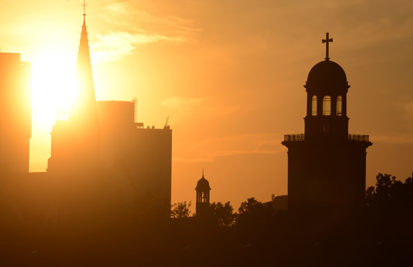 Frankfurt Skyline at Sunset with Paulskirche