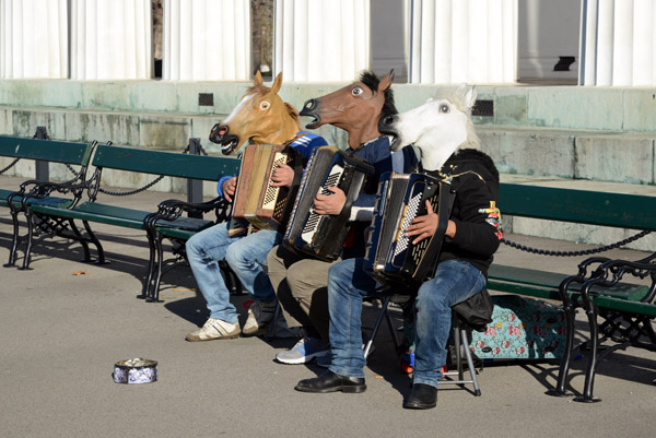 Accordion players with horses heads, Volkspark, Vienna